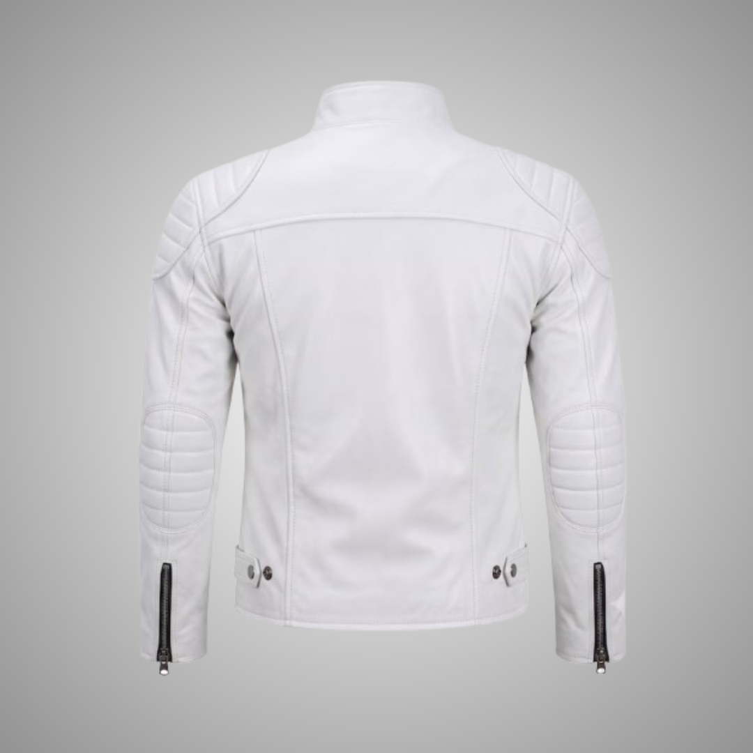 Men’s Off-White Leather Cafe Racer Jacket – Padded Shoulder Biker Jacket