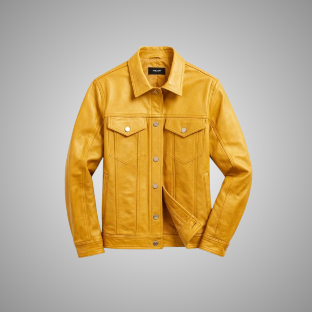 Men’s Yellow Leather Trucker Jacket – Premium Mustard Real Leather Jacket