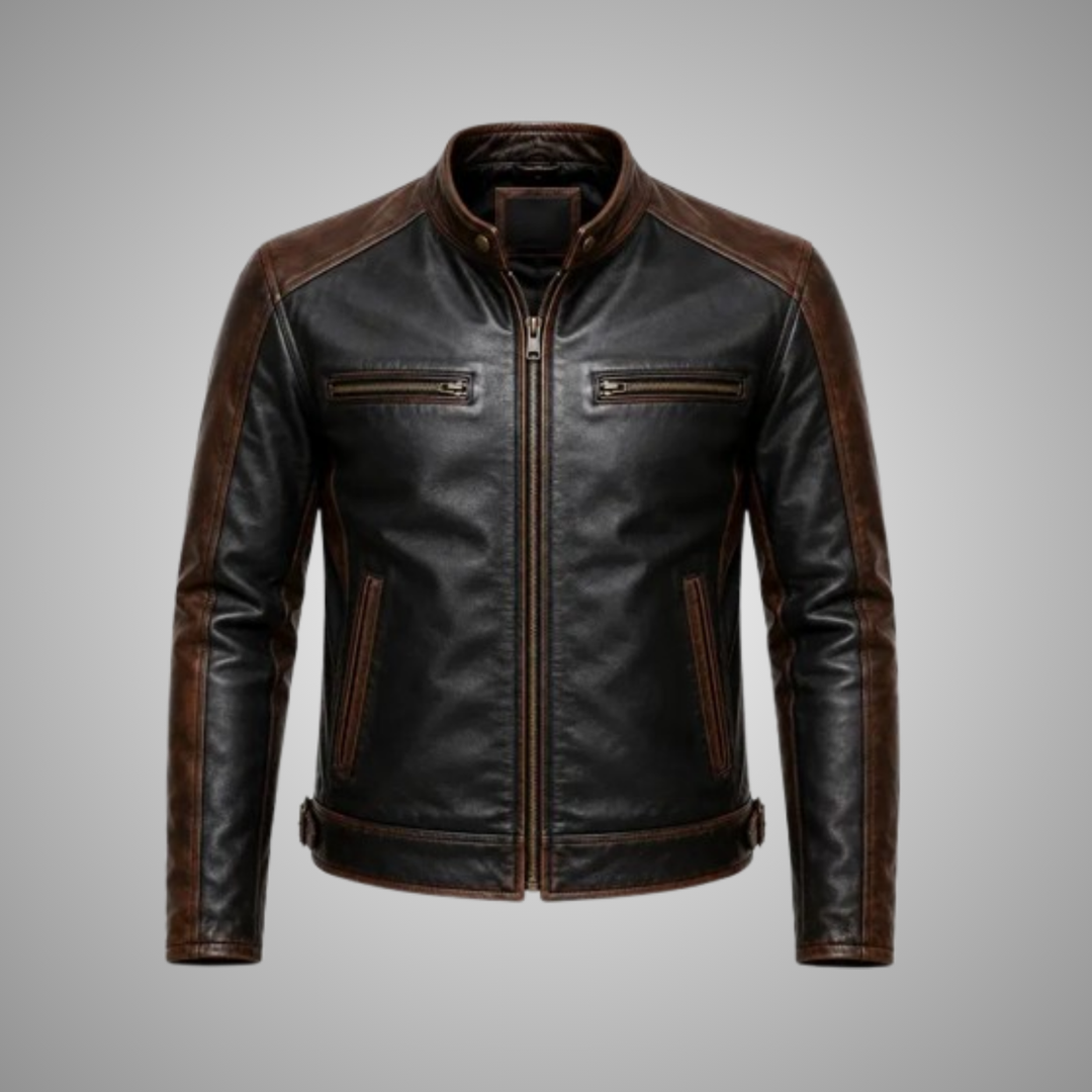 Men's Dual Tone Black & Brown Leather Biker Jacket