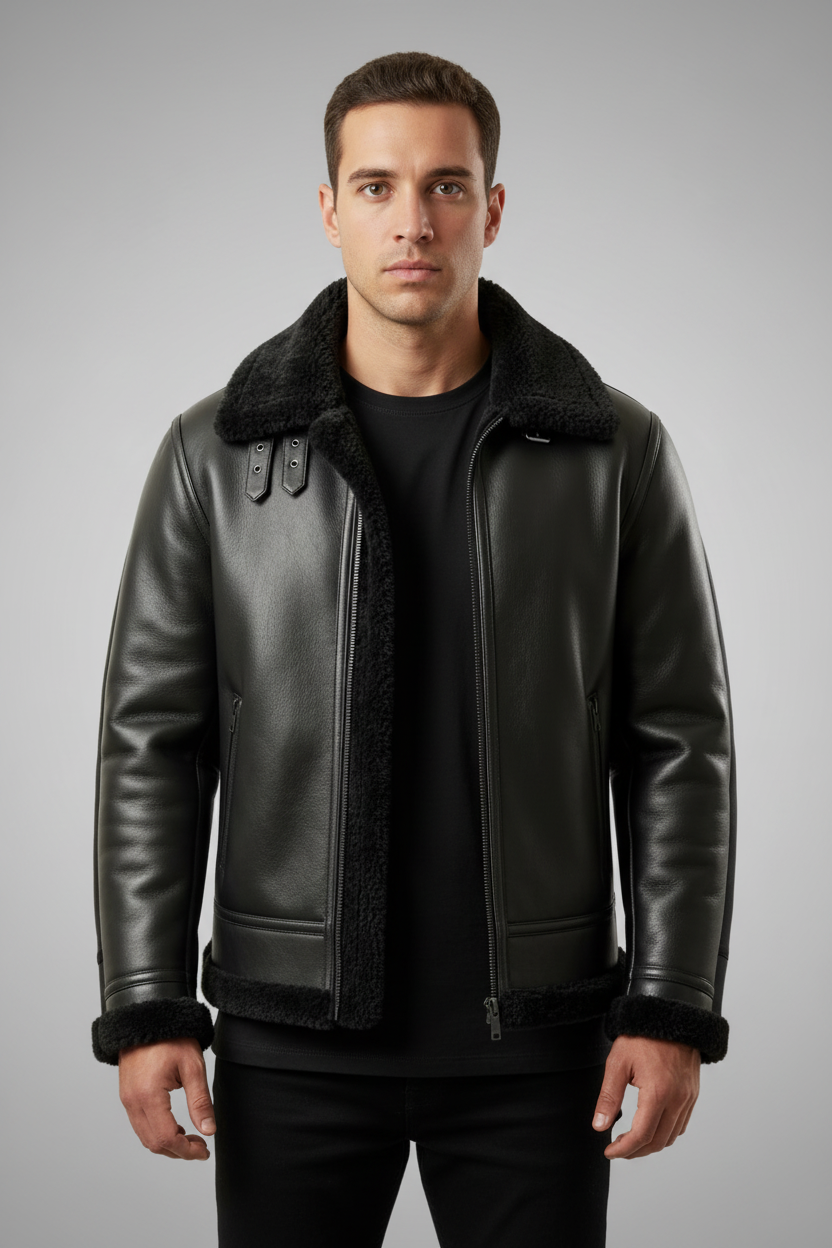 Men's Black Shearling Leather Jacket Fur Aviator Bomber