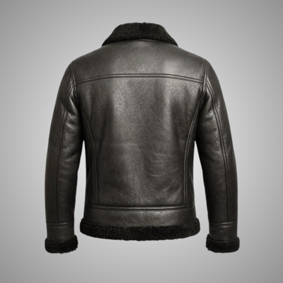 Men's Black Shearling Leather Jacket Fur Aviator Bomber