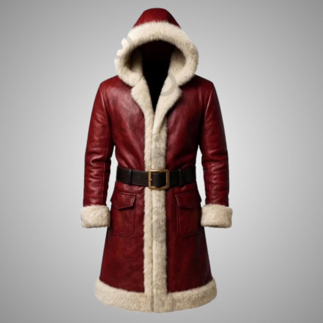 Men's Red Leather Santa Trench Coat Fur Trim Hooded