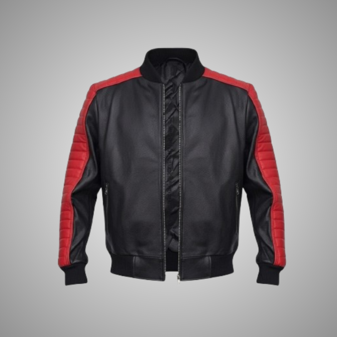 Men’s Black and Red Quilted Sleeve Leather Bomber Jacket – Biker Style Outerwear