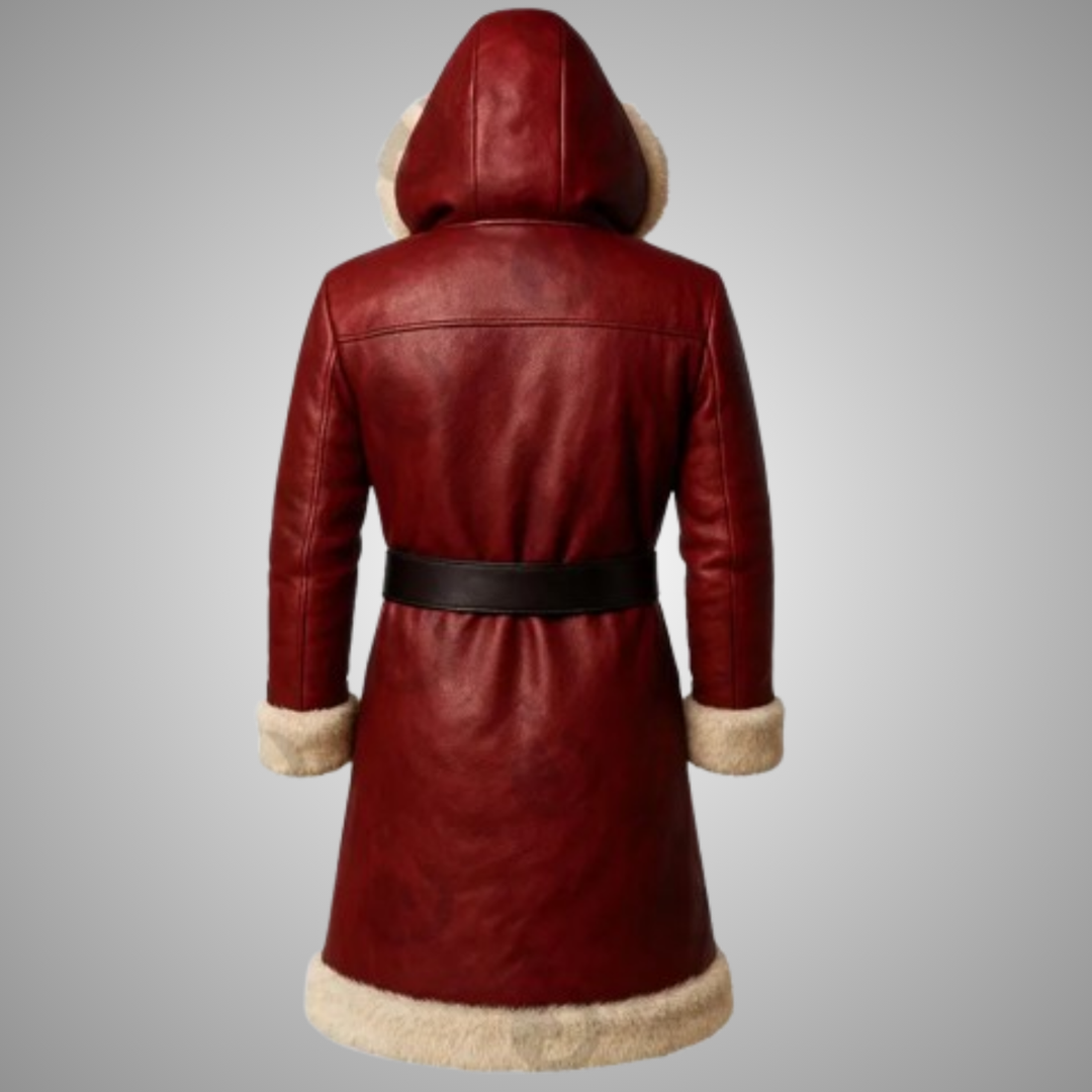 Men's Red Leather Santa Trench Coat Fur Trim Hooded