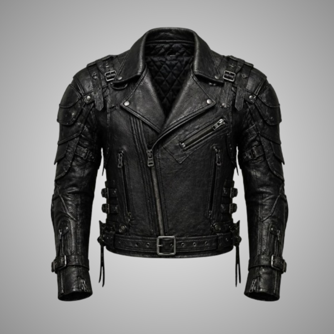 Men's Black Leather Biker Jacket Steampunk Gothic Armor