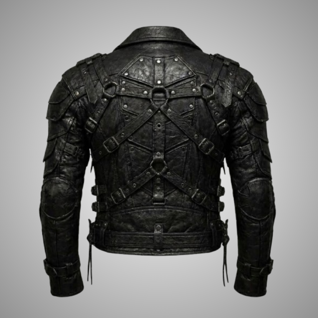 Men's Black Leather Biker Jacket Steampunk Gothic Armor