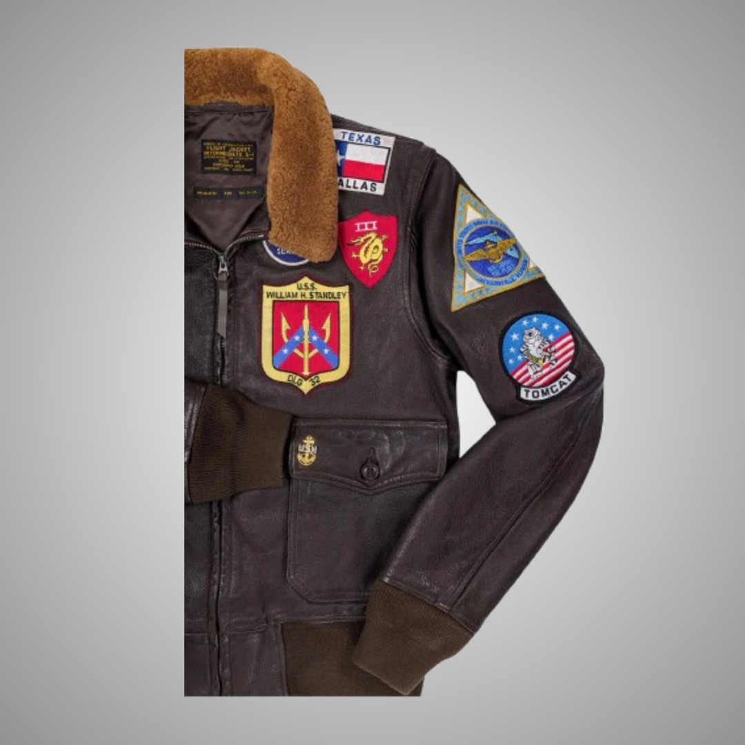 Men's Brown Leather Aviator Flight Bomber Jacket Patches