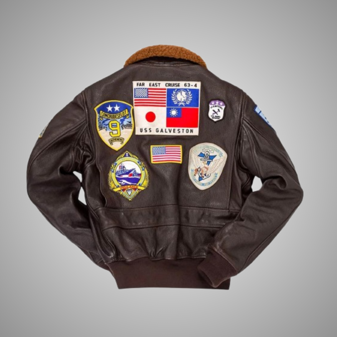 Men's Brown Leather Aviator Flight Bomber Jacket Patches