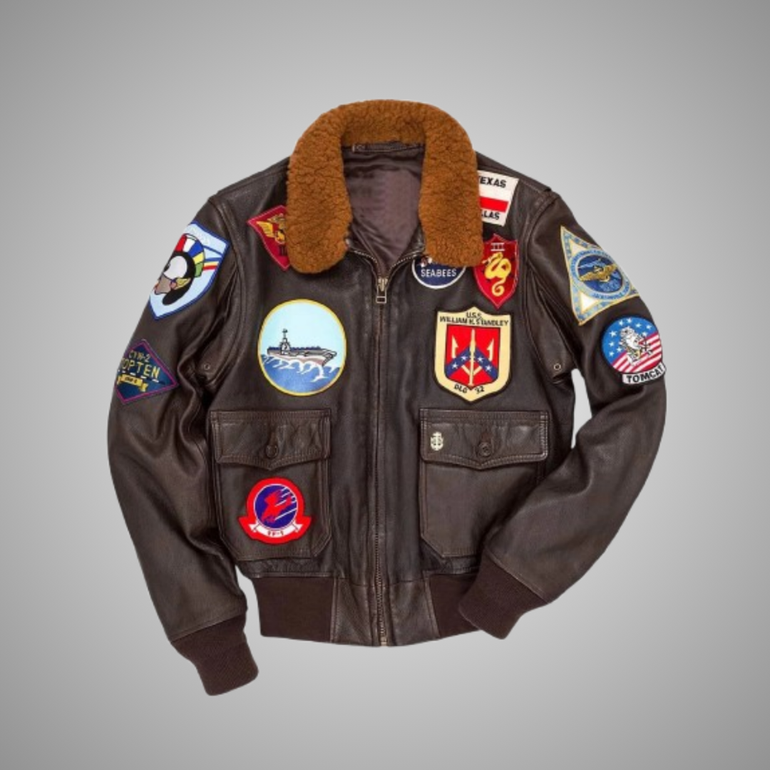 Men's Brown Leather Aviator Flight Bomber Jacket Patches