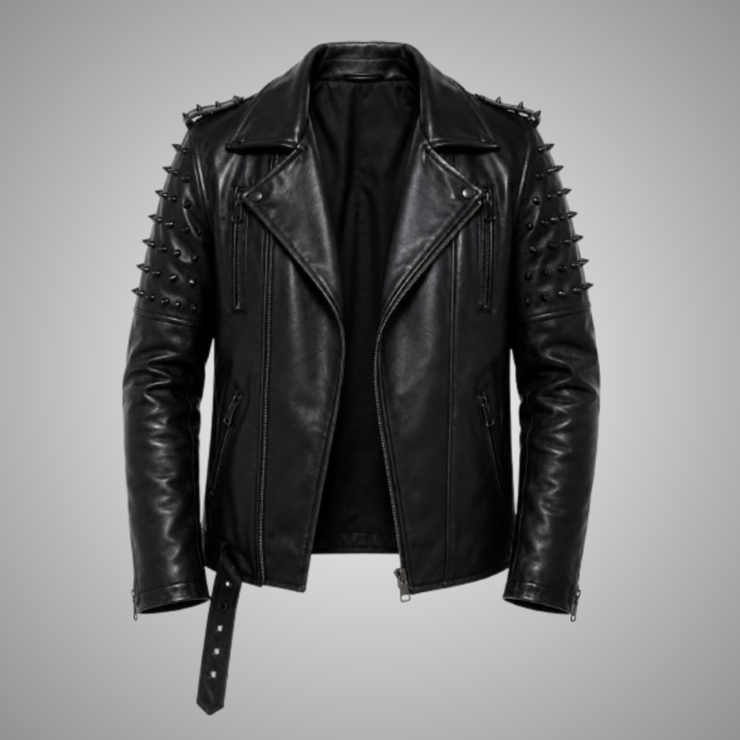 Men's Black Studded Leather Biker Jacket Punk Gothic