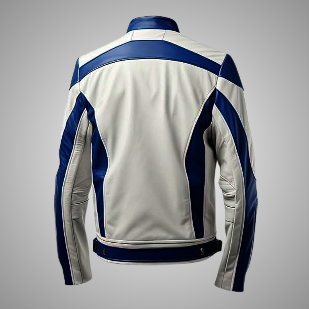 Men's White Blue Leather Jacket Racing Biker Cosplay