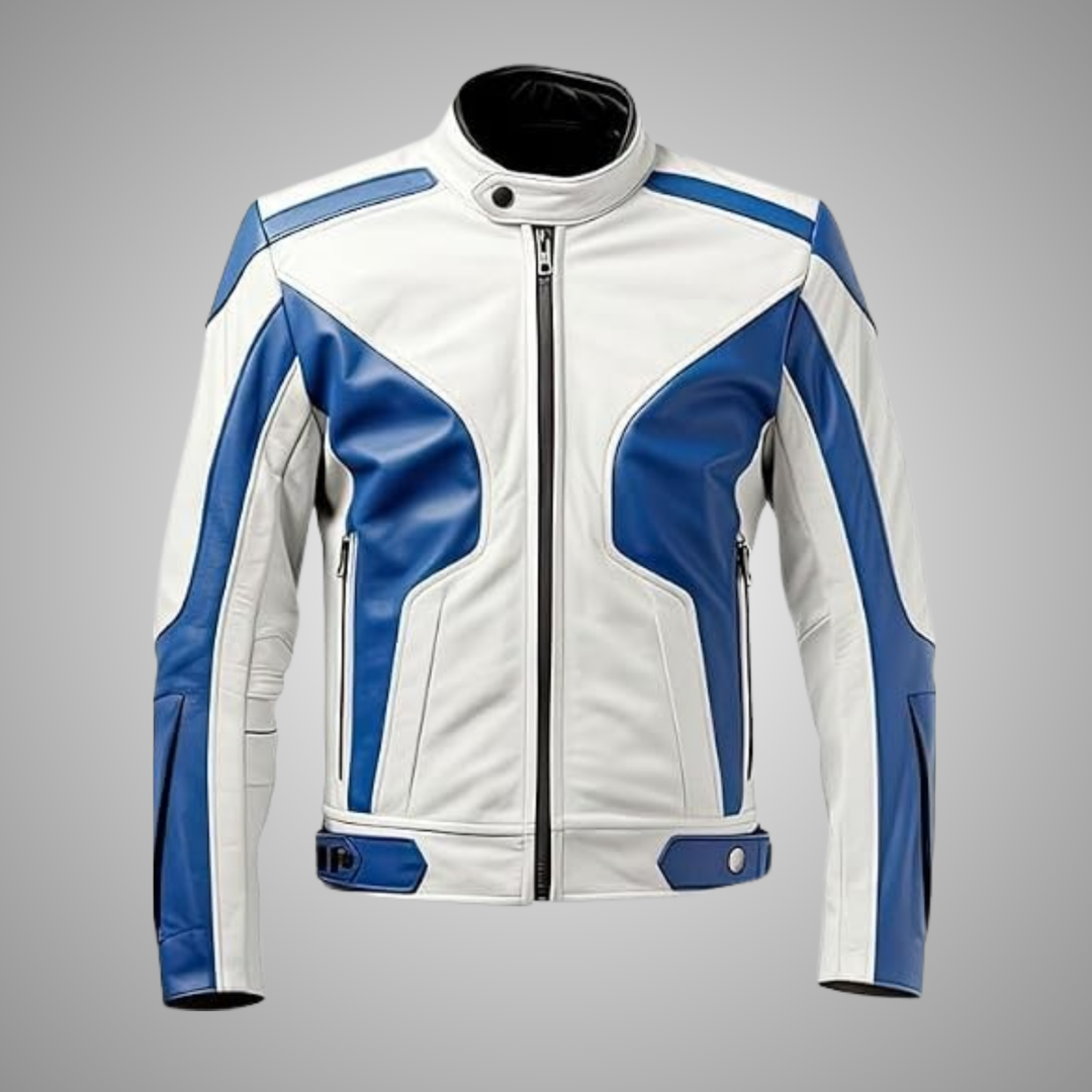 Men's White Blue Leather Jacket Racing Biker Cosplay
