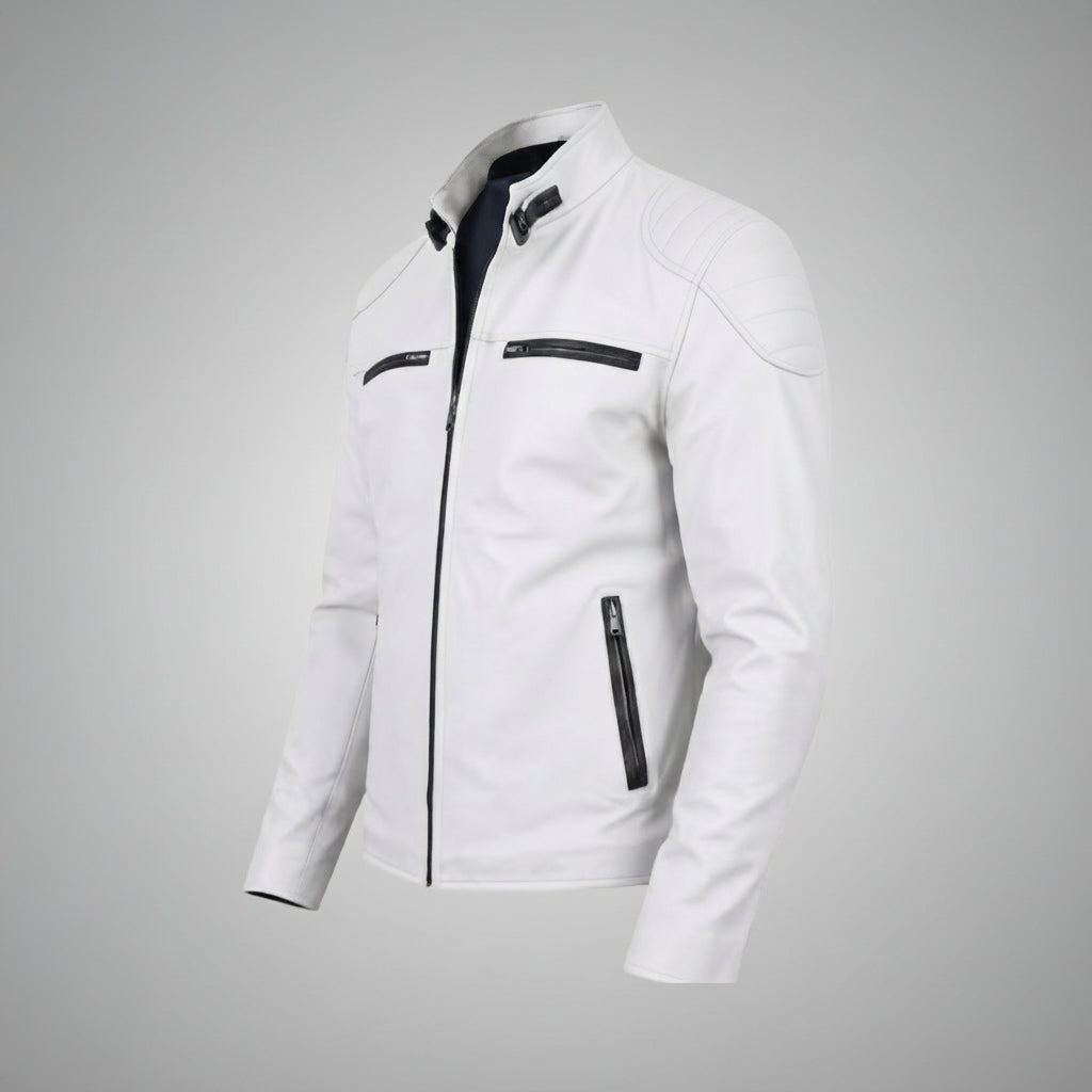 Men’s Off-White Leather Cafe Racer Jacket – Padded Shoulder Biker Jacket