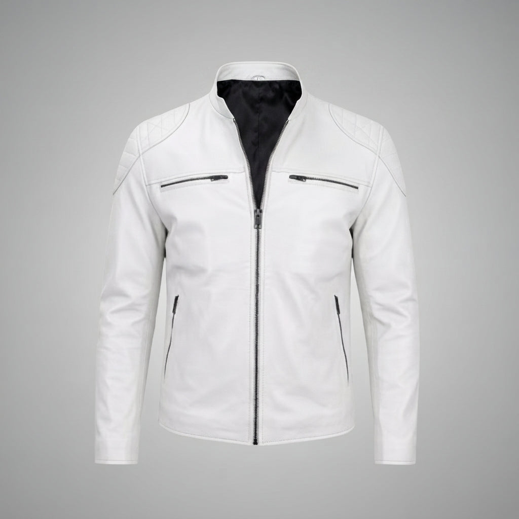 Men’s Off-White Leather Cafe Racer Jacket – Padded Shoulder Biker Jacket