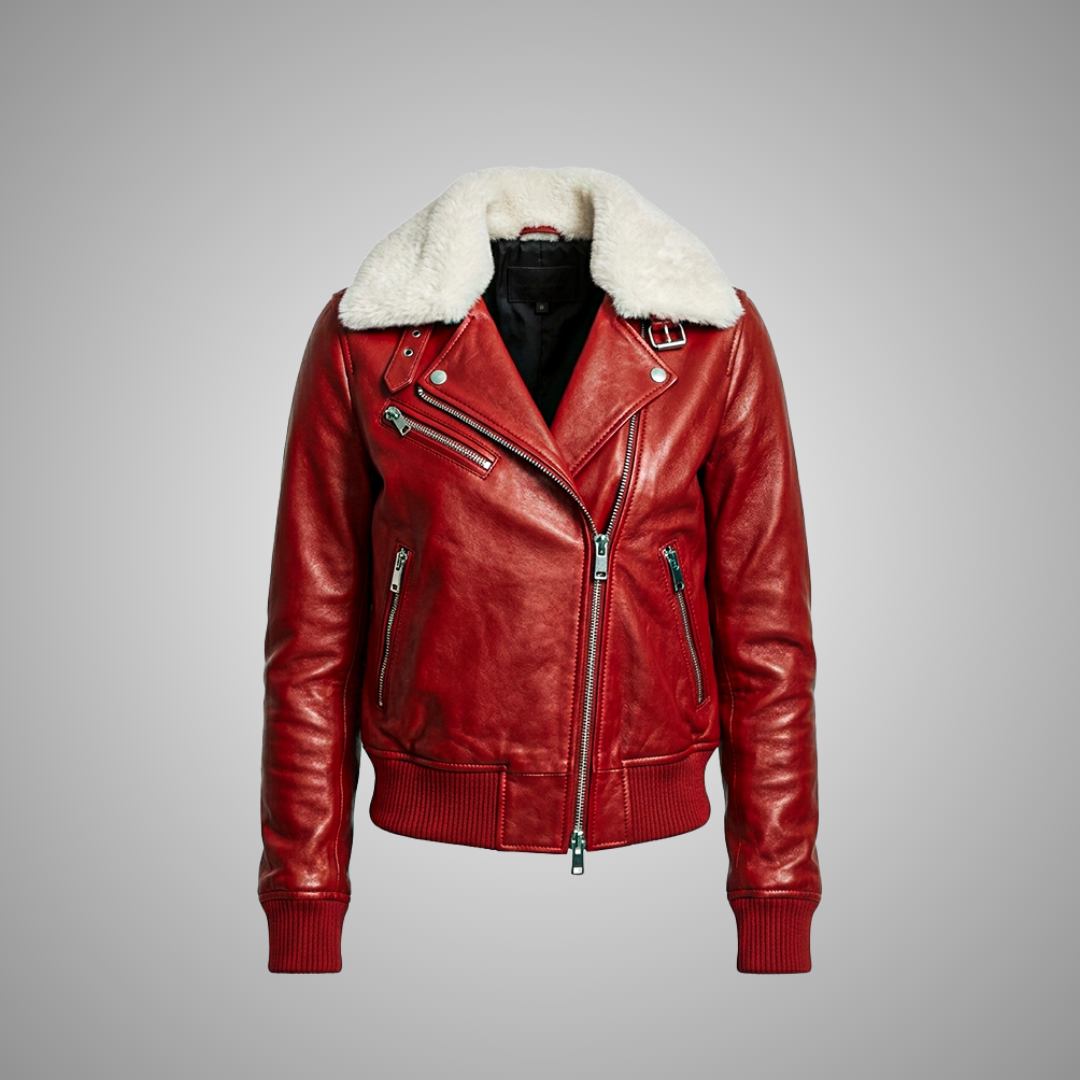 Women's Red Leather Biker Jacket with Shearling Collar