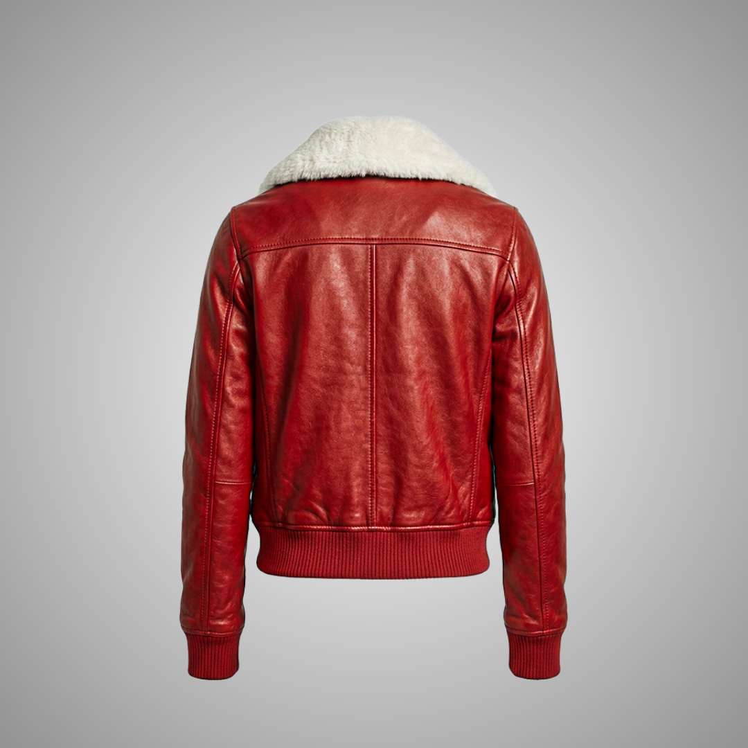Women's Red Leather Biker Jacket with Shearling Collar