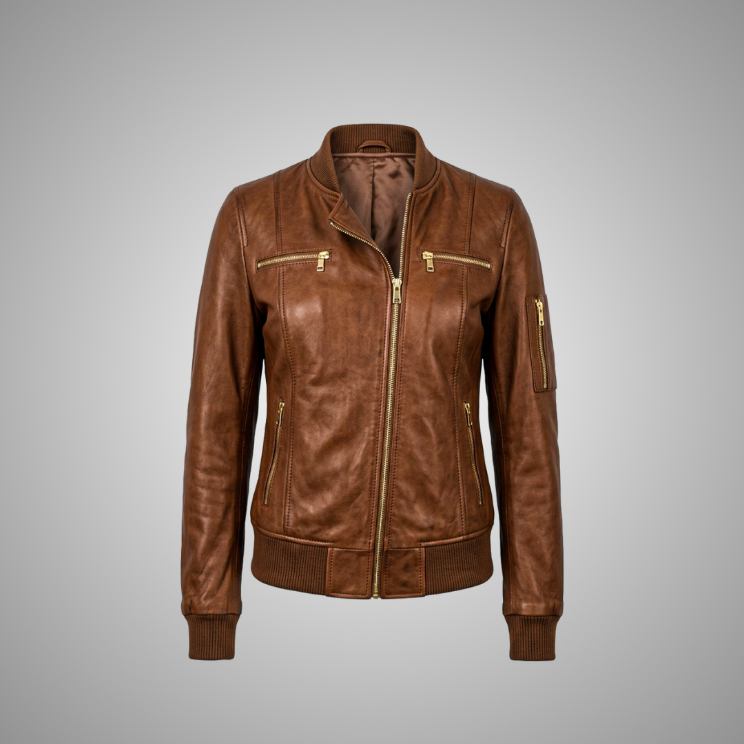 Women's Brown Leather Bomber Jacket with Gold Zips