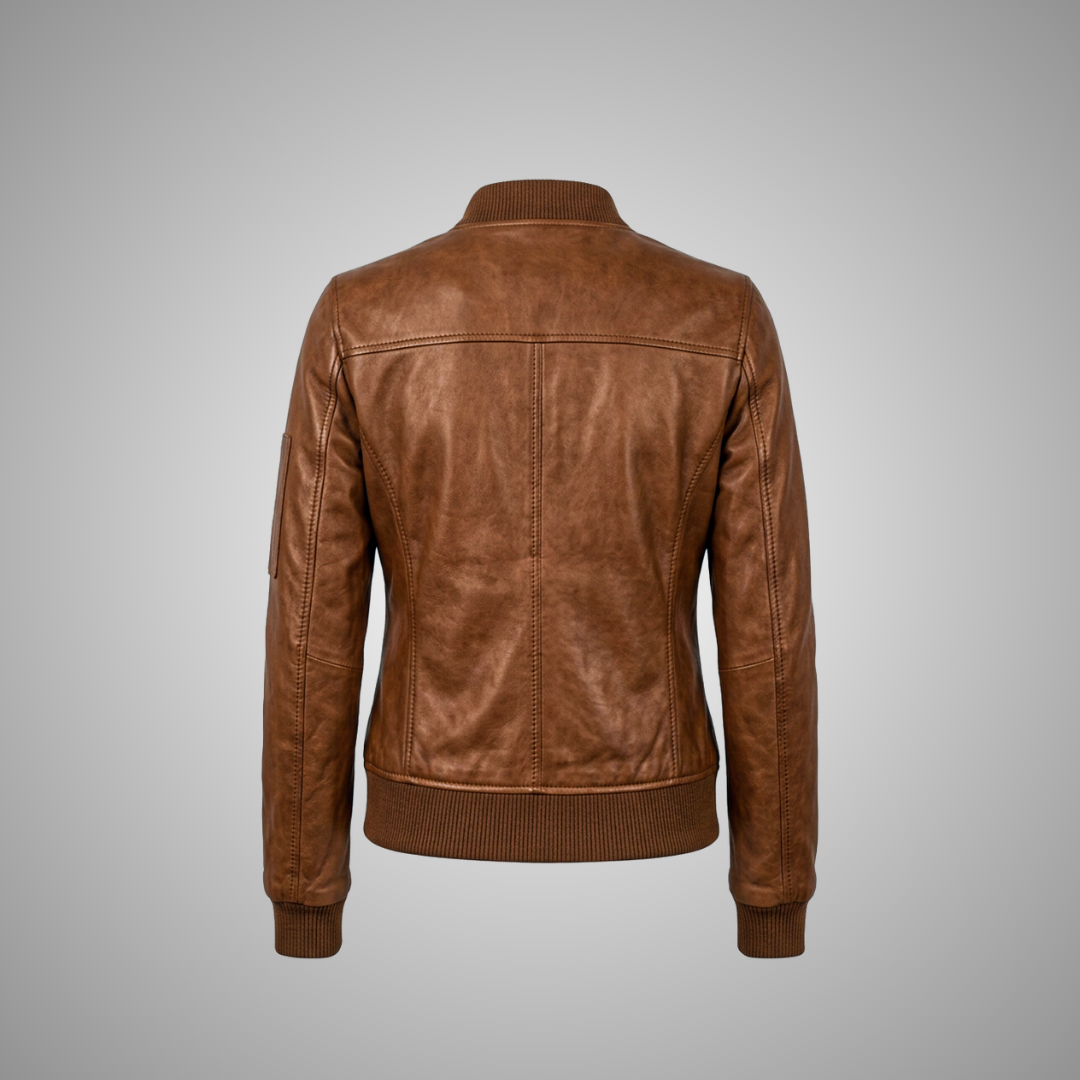 Women's Brown Leather Bomber Jacket with Gold Zips