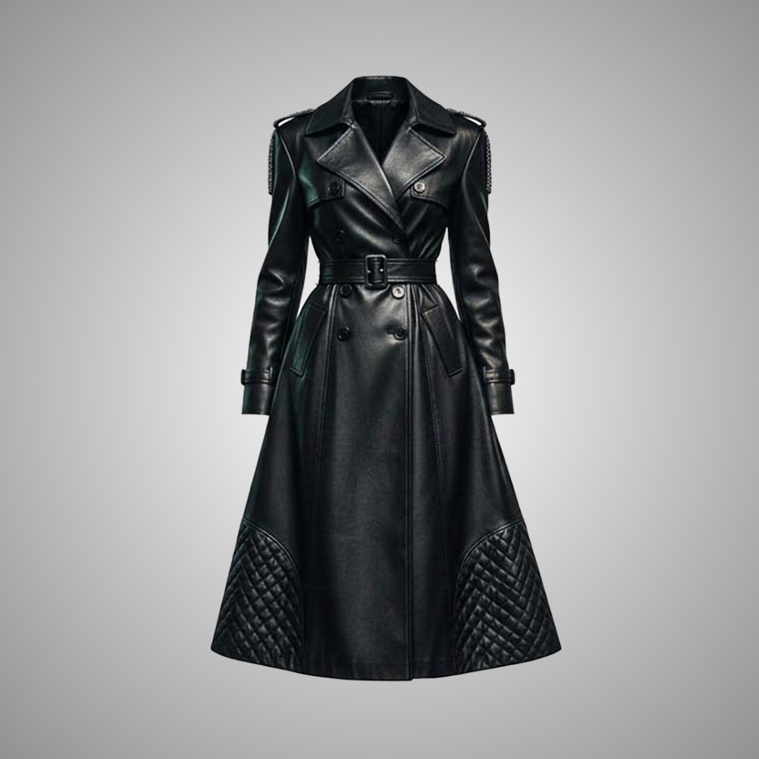 Women's Black Leather Quilted Long Trench Coat