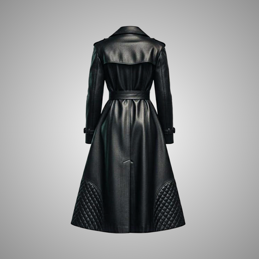 Women's Black Leather Quilted Long Trench Coat