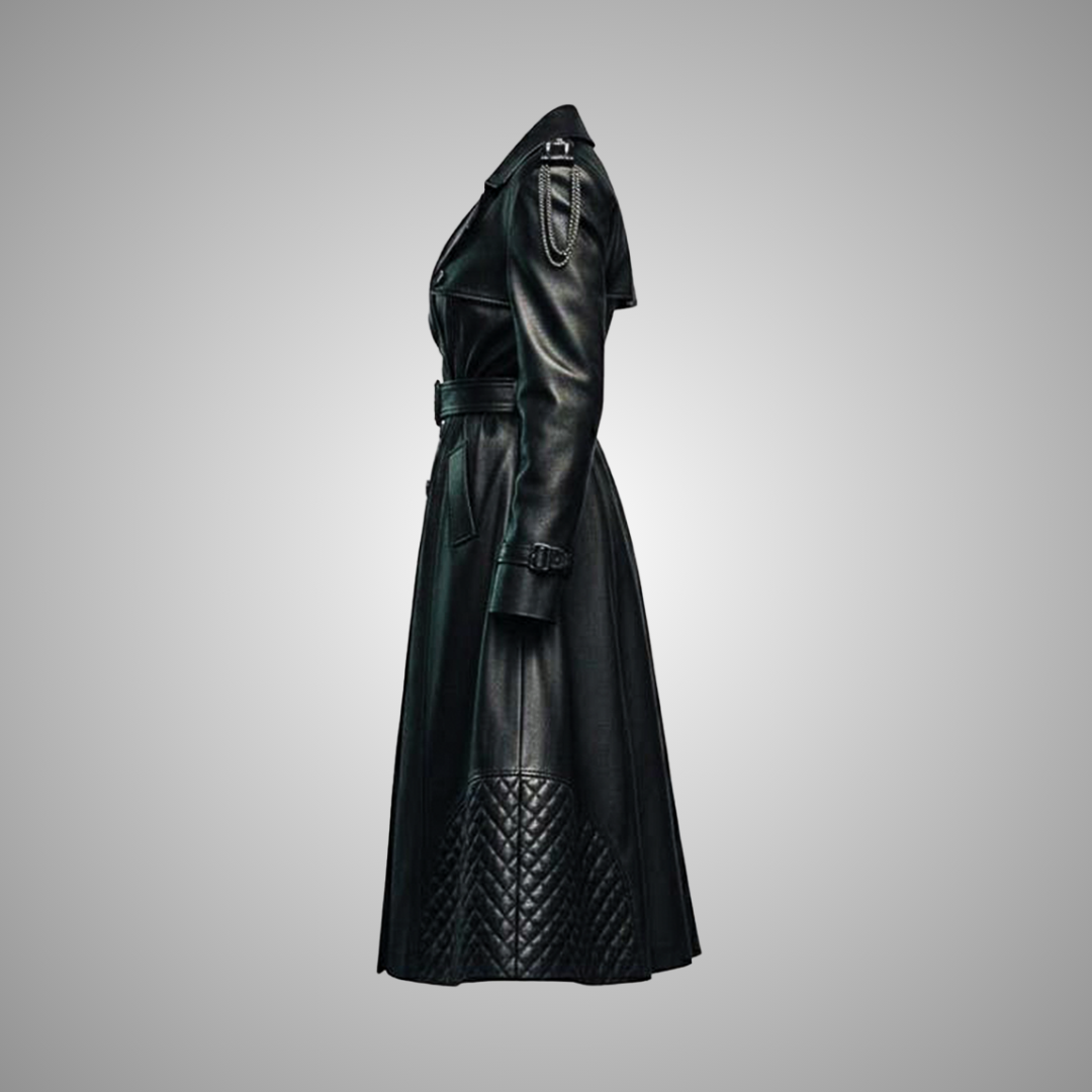 Women's Black Leather Quilted Long Trench Coat
