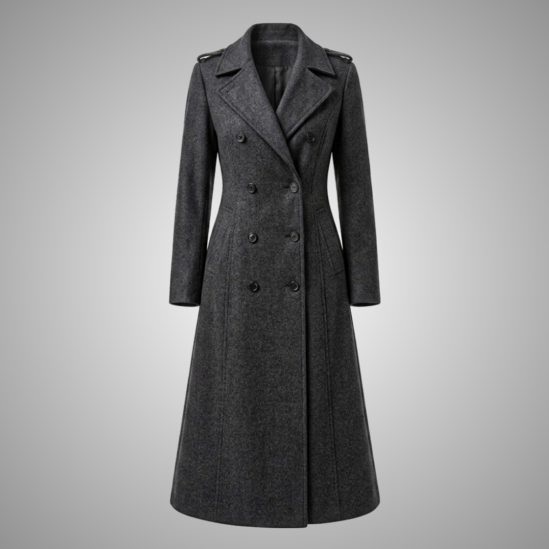 Women's Dark Grey Wool Double-Breasted Long Trench Coat