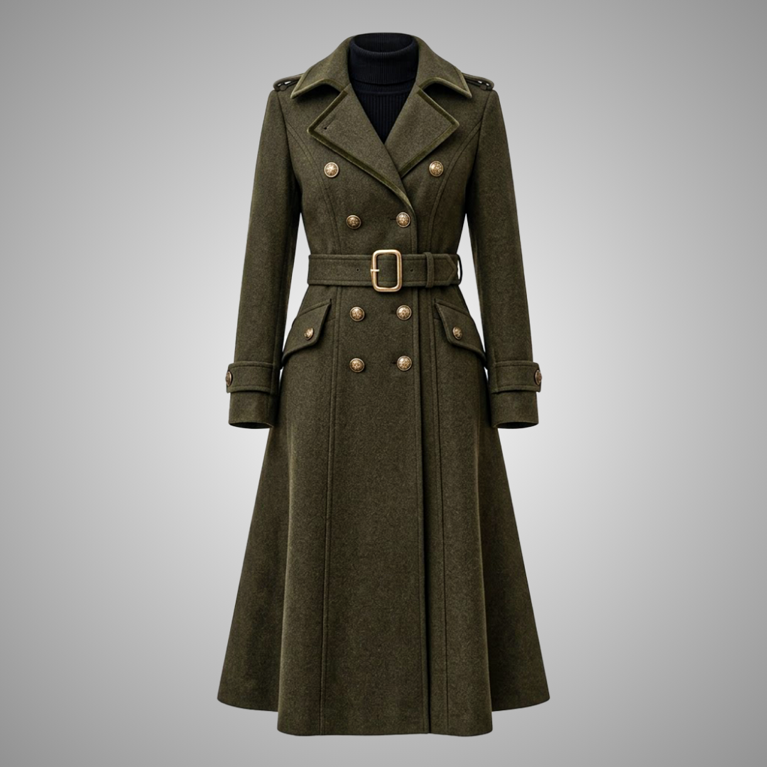 Women's Olive Green Wool Belted Military Trench Coat