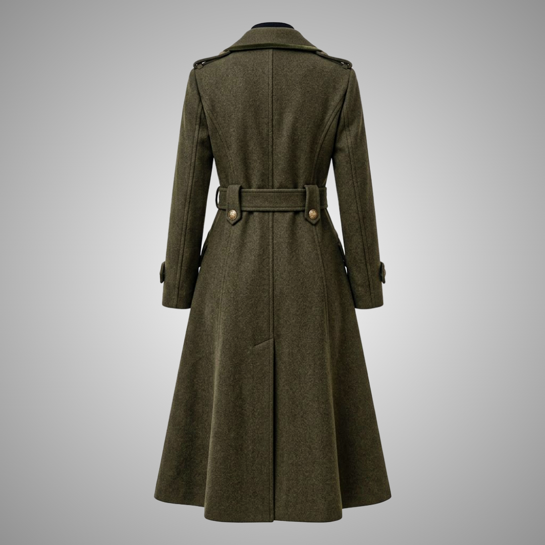 Women's Olive Green Wool Belted Military Trench Coat
