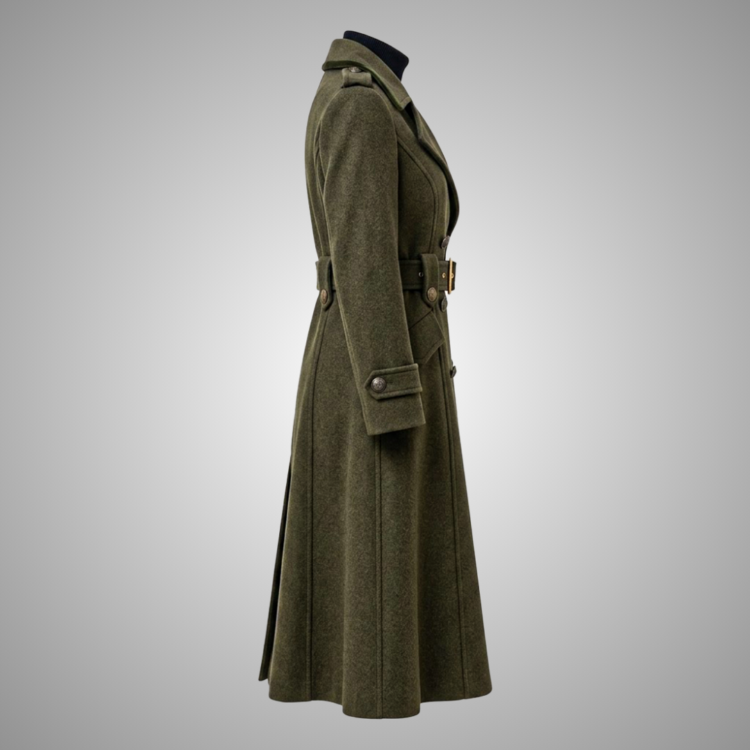 Women's Olive Green Wool Belted Military Trench Coat