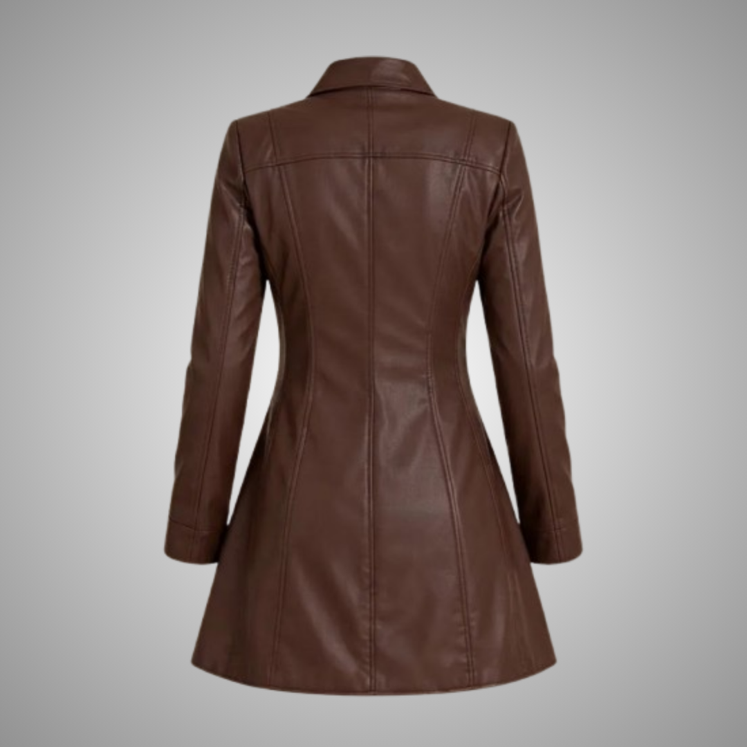 Women's Brown Leather Long Jacket Coat Stand Collar
