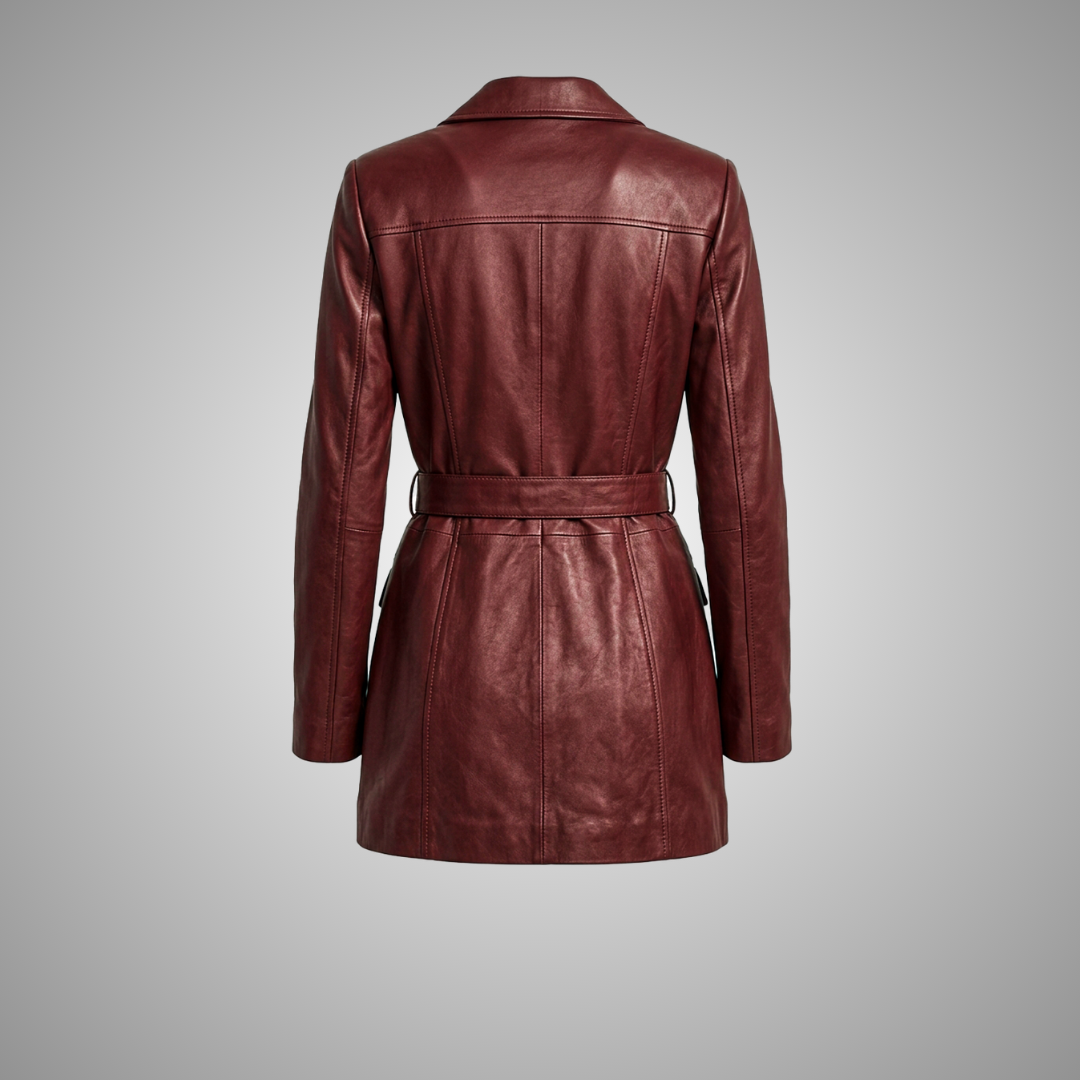 Women's Maroon Leather Belted Trench Blazer Jacket