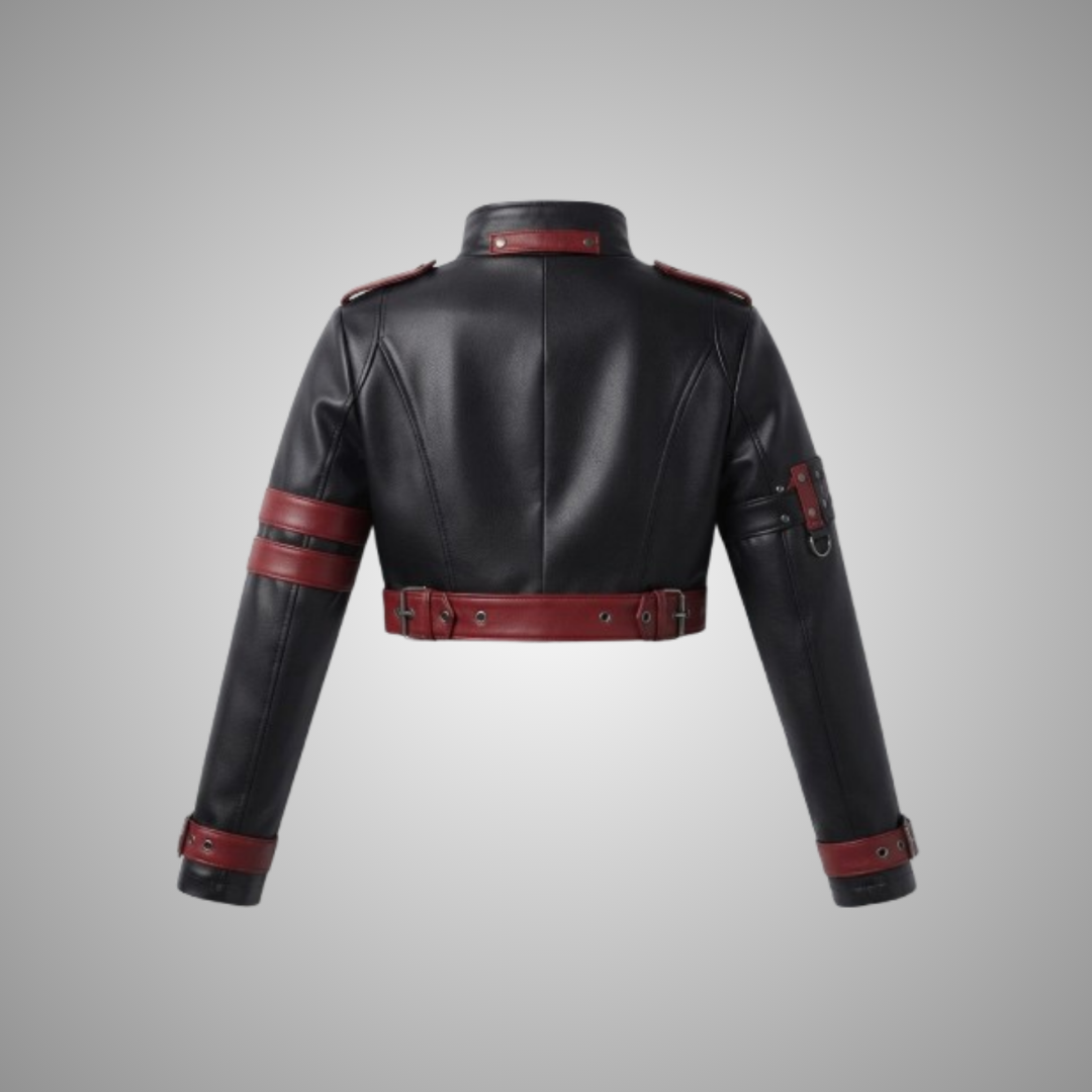 Women's Black and Red Faux Leather Crop Biker Jacket