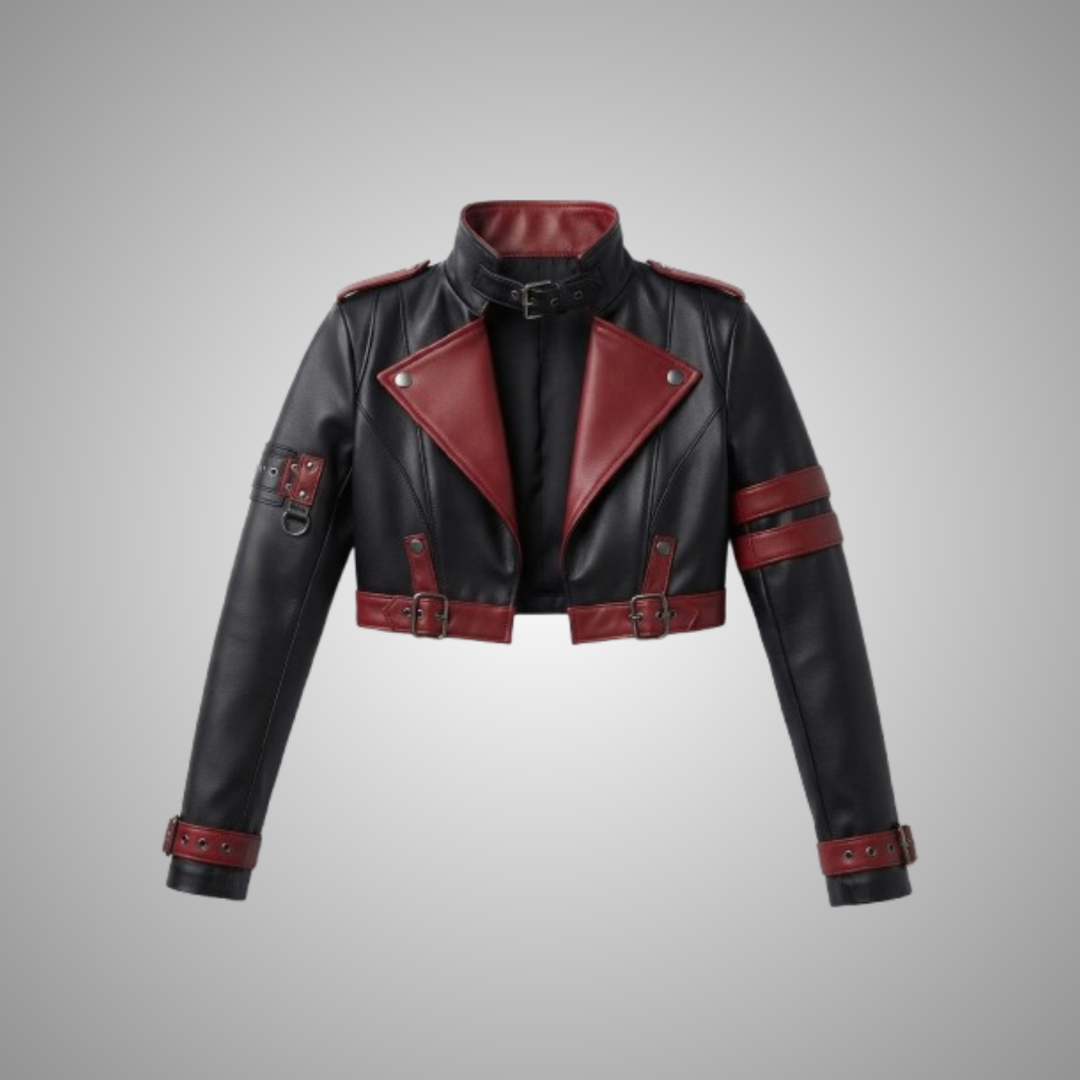Women's Black and Red Faux Leather Crop Biker Jacket