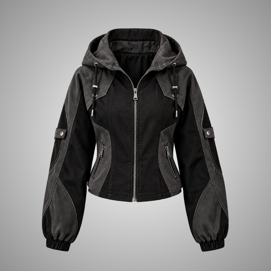Women's Black & Grey Panel Hooded Utility Cotton Jacket