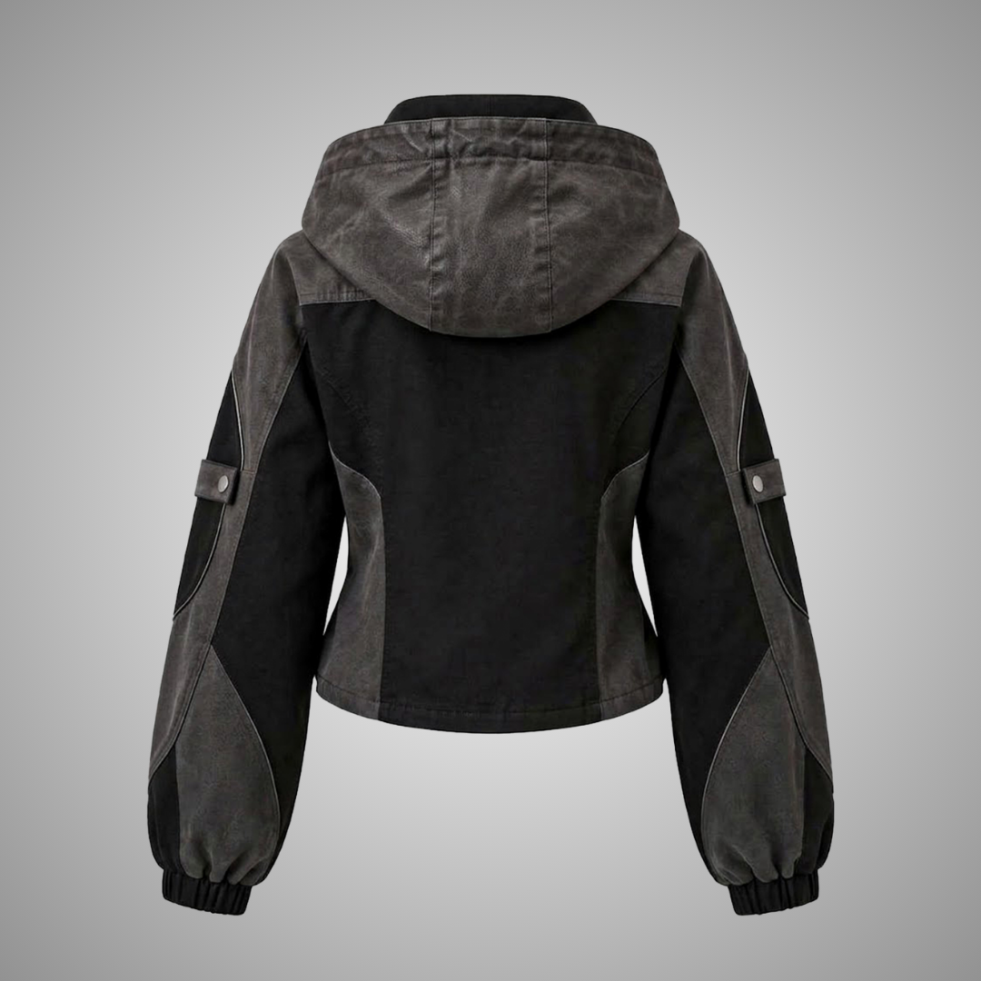 Women's Black & Grey Panel Hooded Utility Cotton Jacket