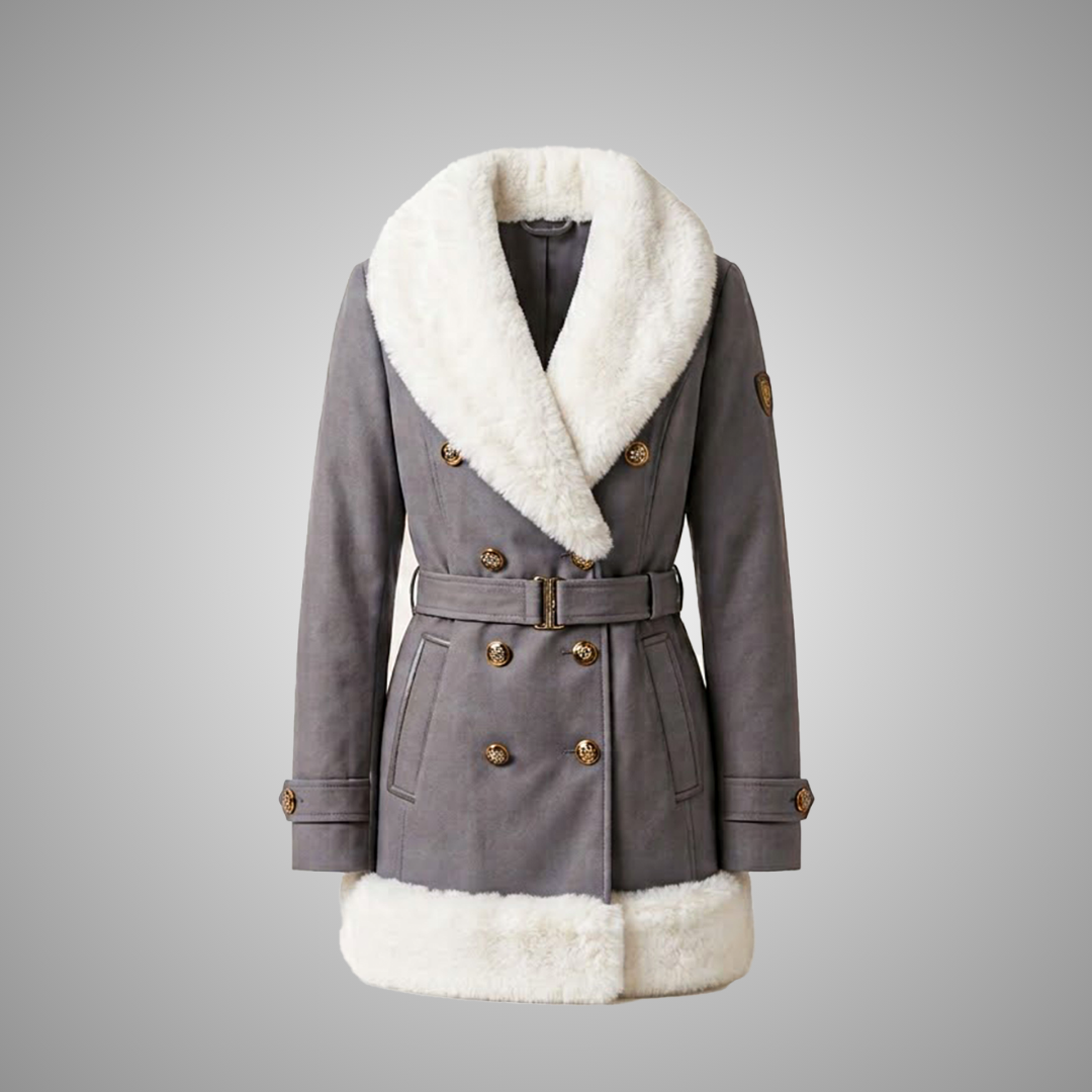 Women's Grey Faux Suede Coat with White Faux Fur Trim