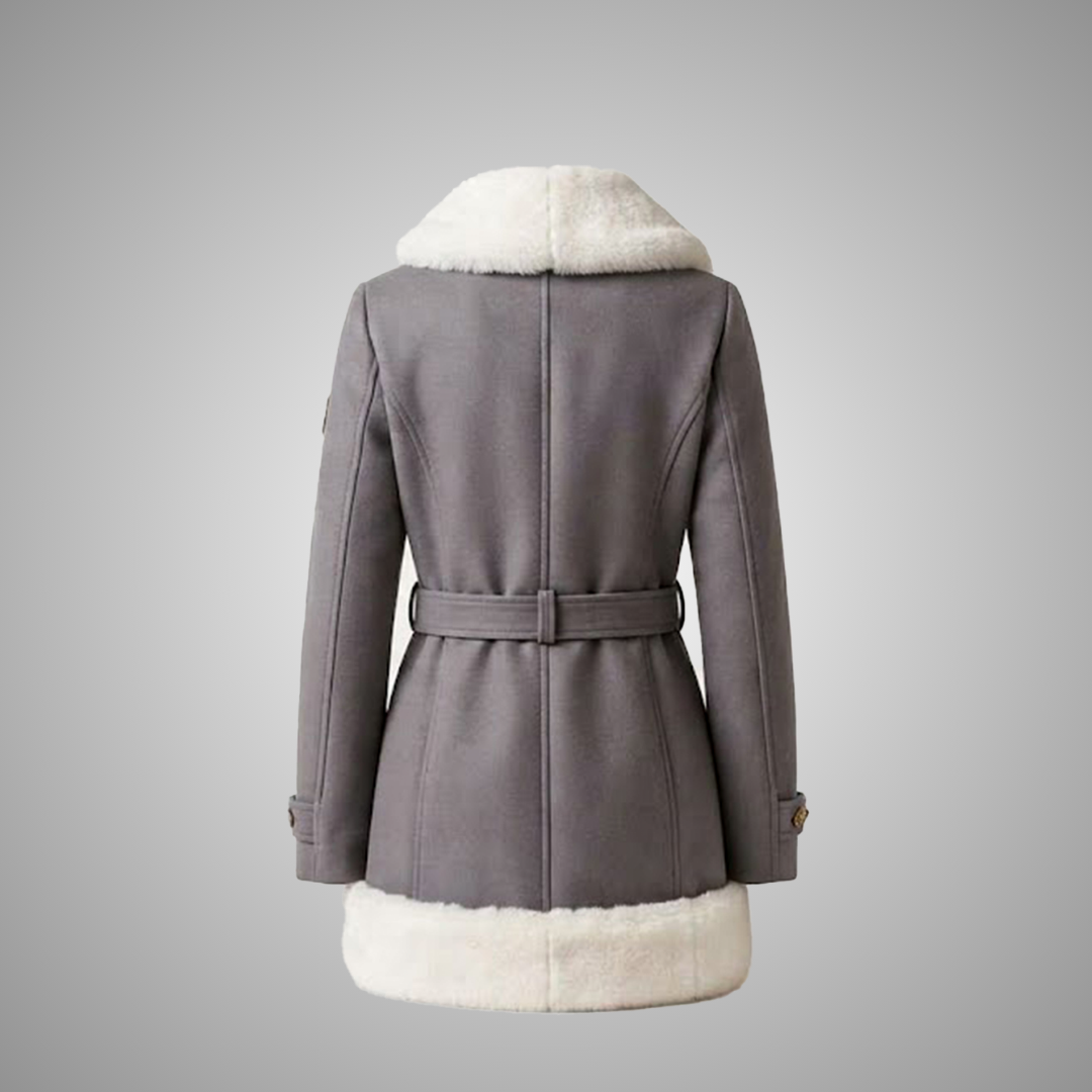 Women's Grey Faux Suede Coat with White Faux Fur Trim