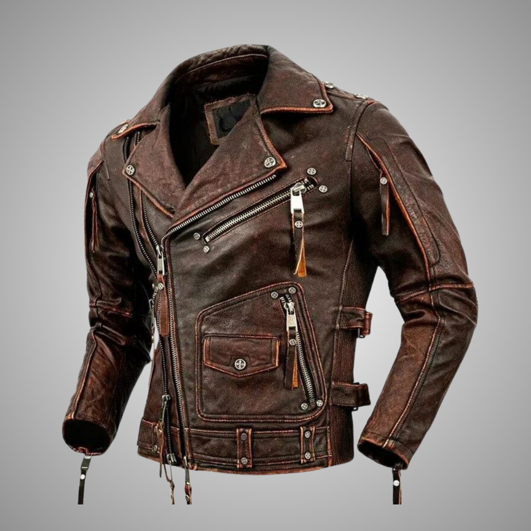 Men's Distressed Brown Leather Biker Utility Jacket