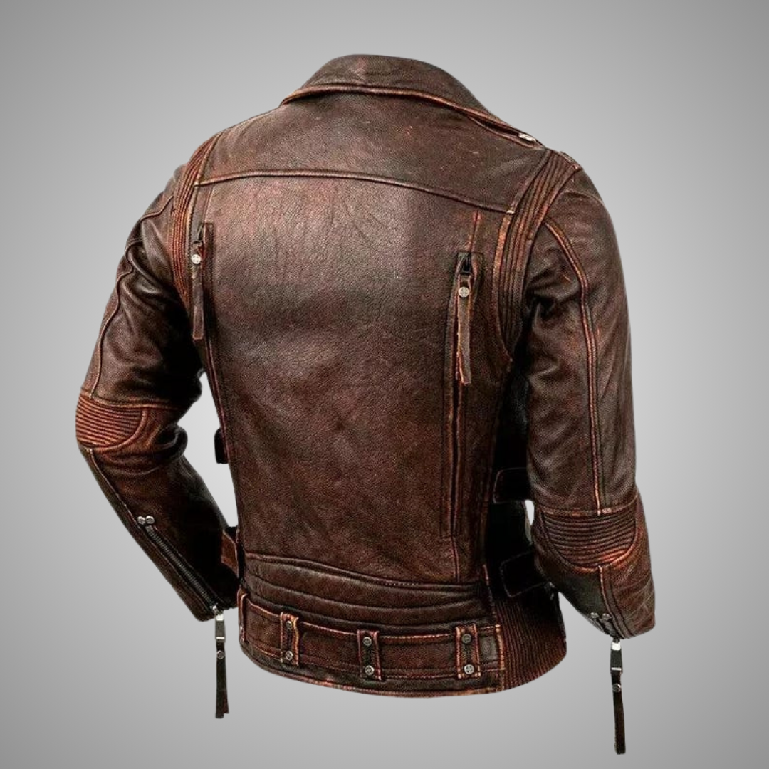 Men's Distressed Brown Leather Biker Utility Jacket