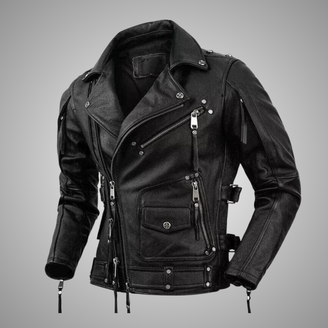 Men's Distressed Brown Leather Biker Utility Jacket