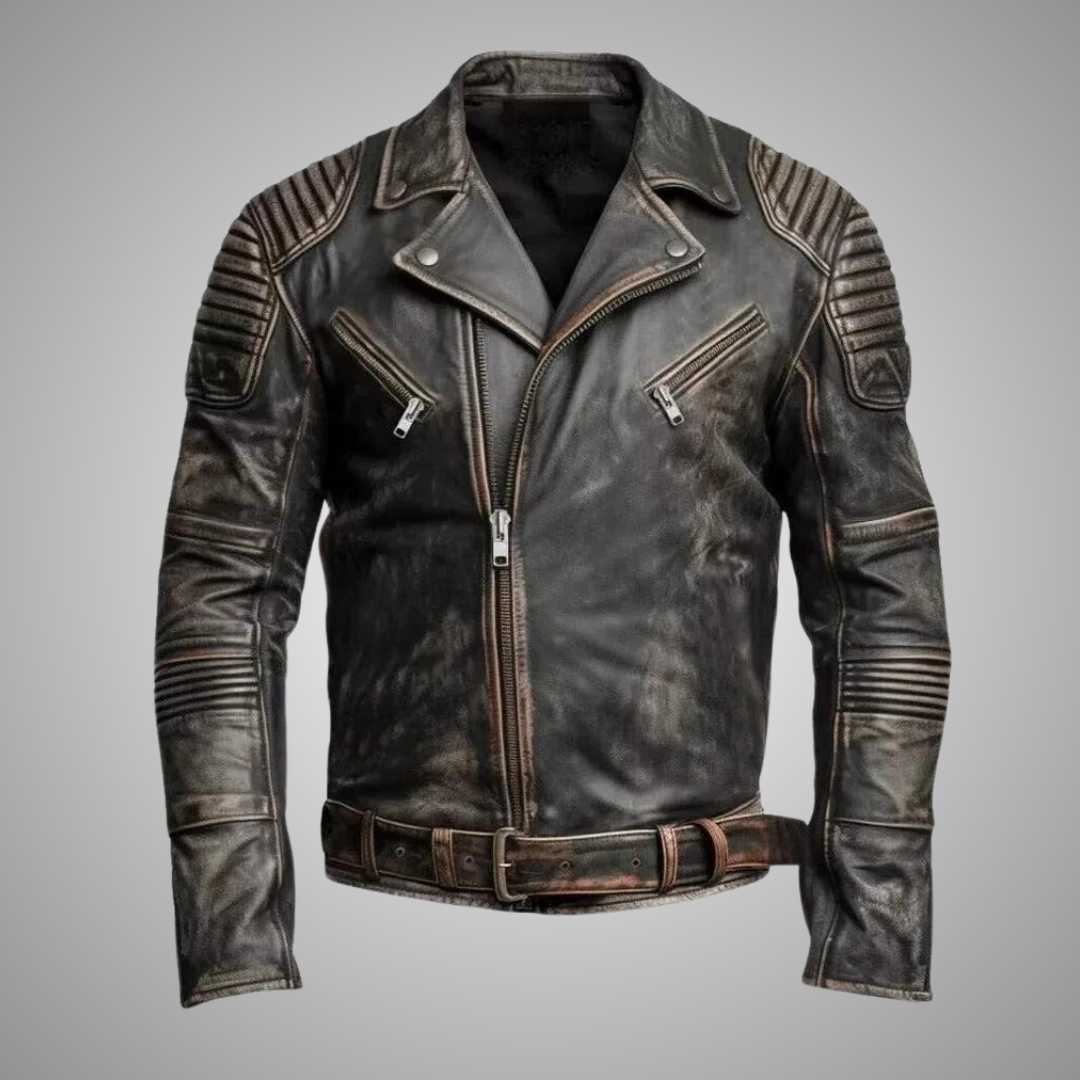 Men's Vintage Distressed Black Leather Biker Jacket