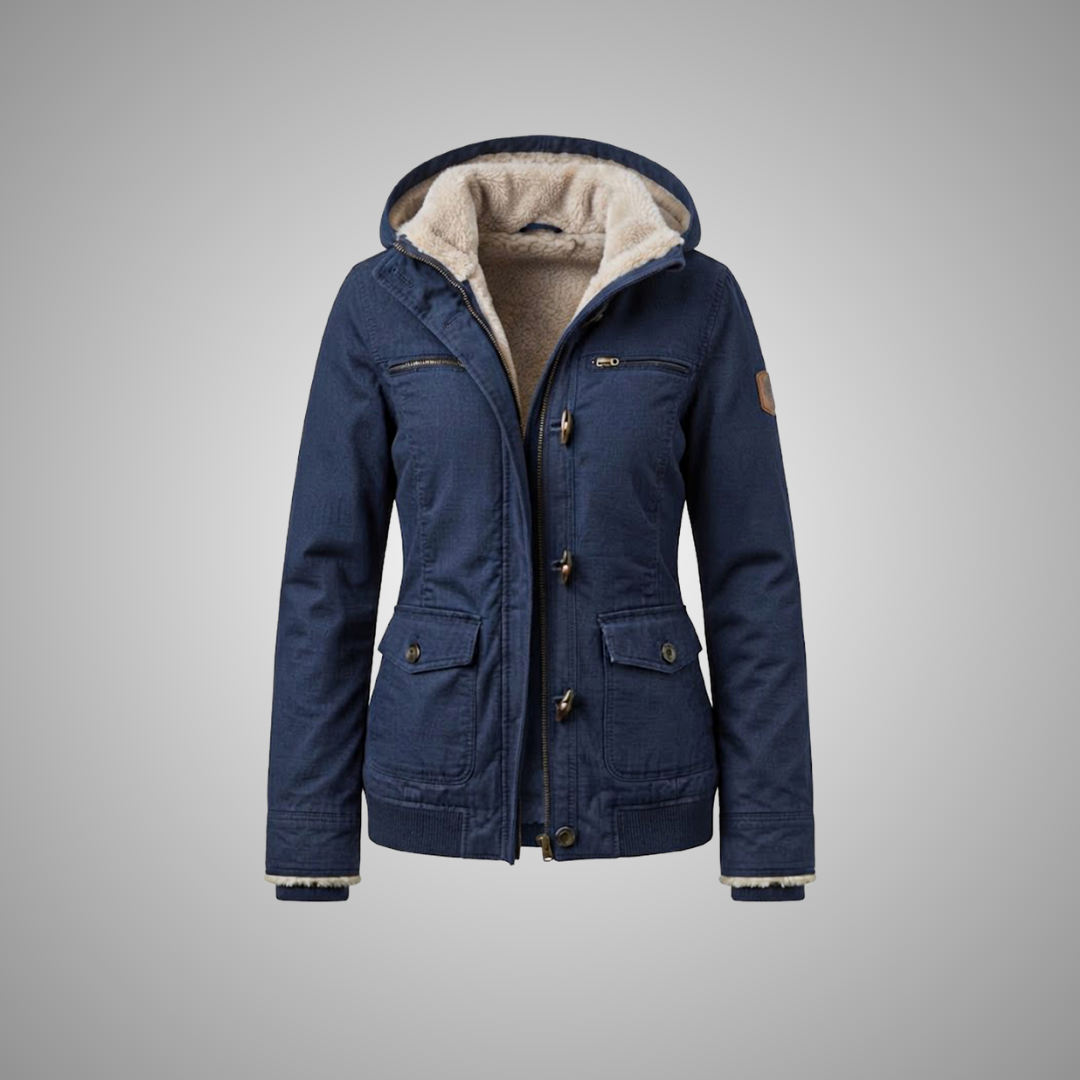 Women's Navy Blue Fleece-Lined Hooded Utility Parka Jacket
