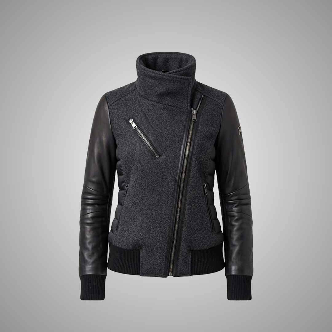 Women's Grey Wool & Leather Asymmetric Biker Jacket