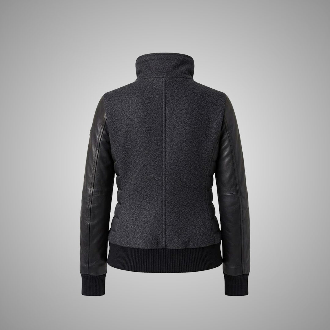 Women's Grey Wool & Leather Asymmetric Biker Jacket