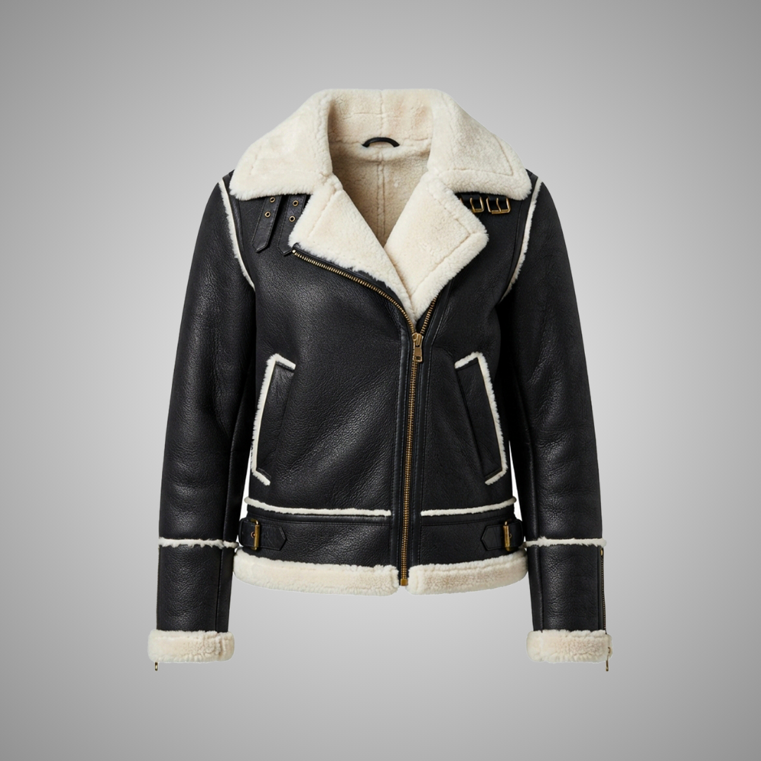 Women's Black Faux Leather Shearling Aviator Jacket