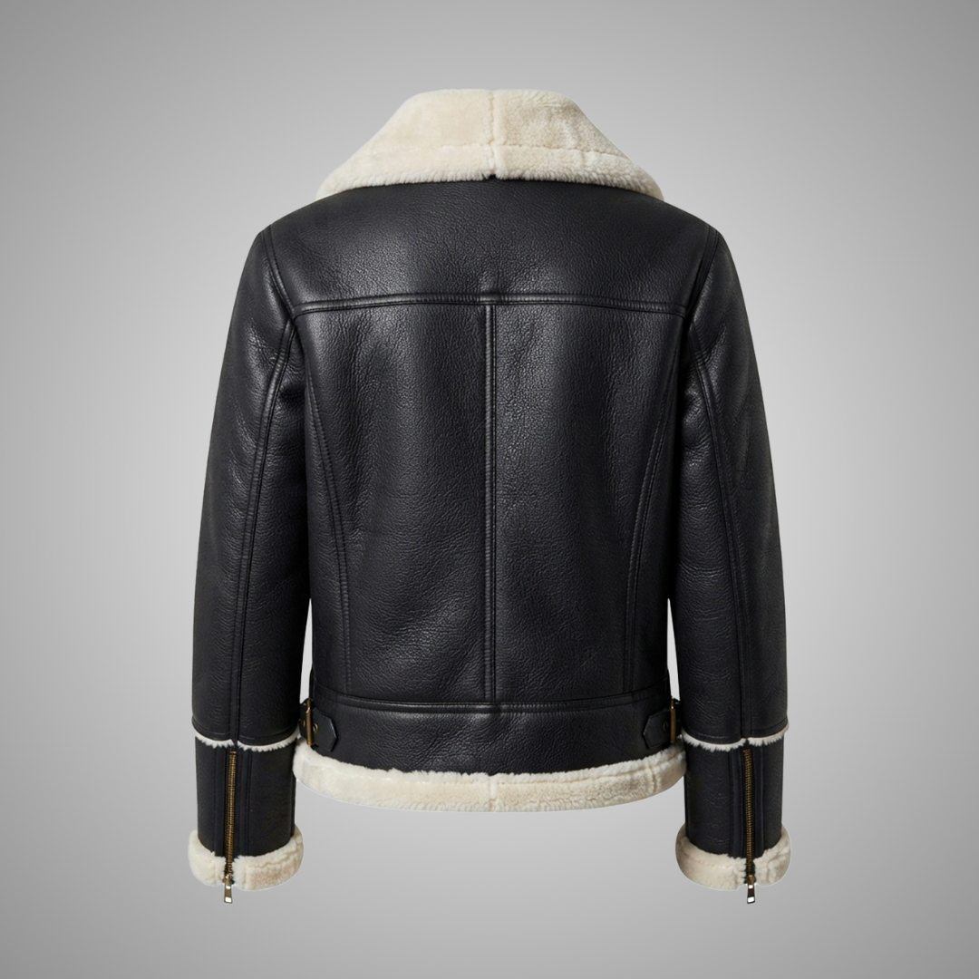 Women's Black Faux Leather Shearling Aviator Jacket