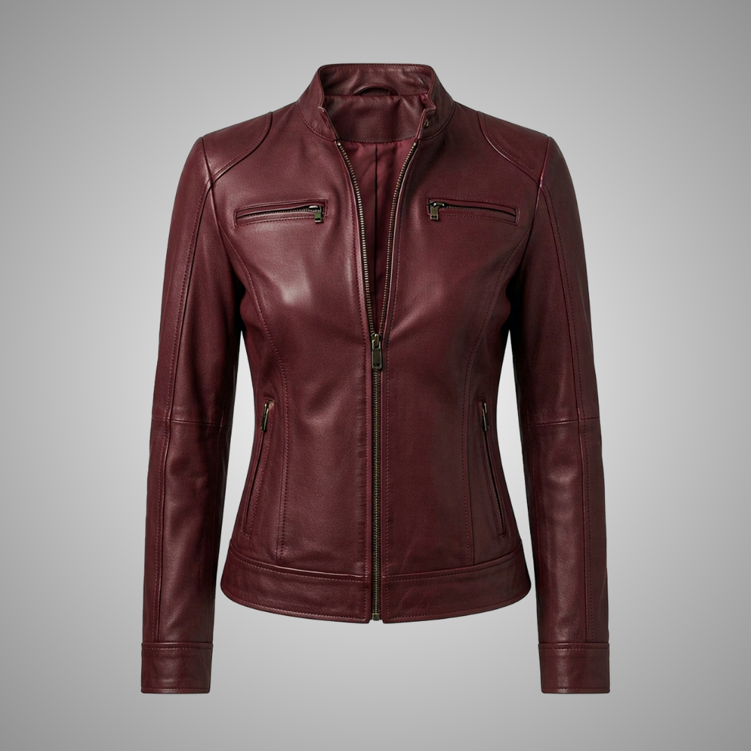 Women's Maroon Leather Cafe Racer Jacket