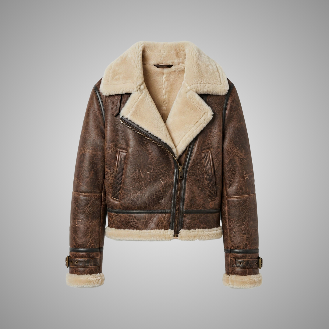 Women's Distressed Brown Shearling Aviator Jacket