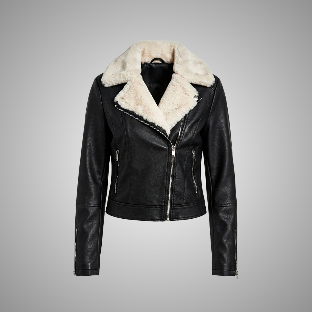 Women's Black Faux Leather Jacket with Shearling Collar