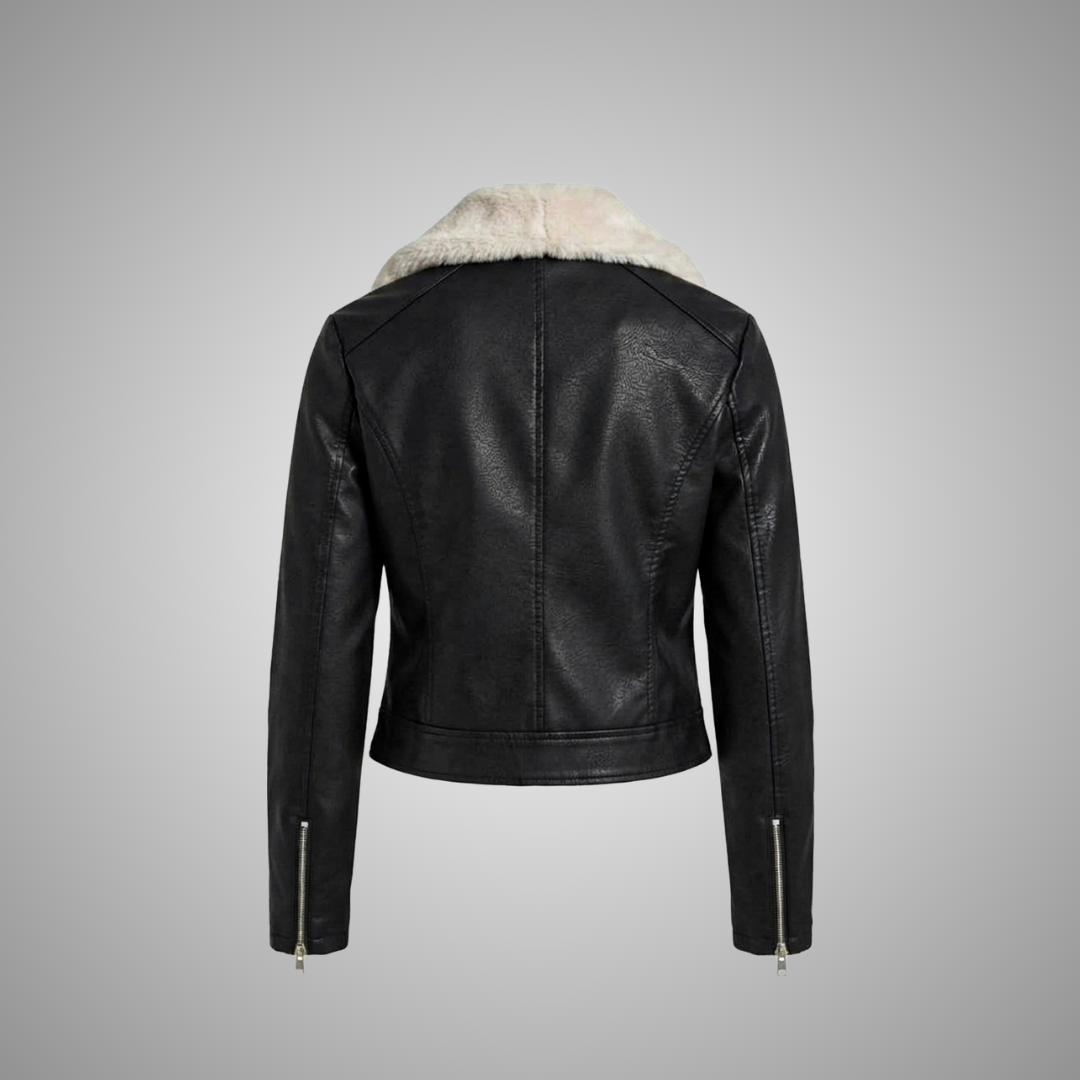 Women's Black Faux Leather Jacket with Shearling Collar